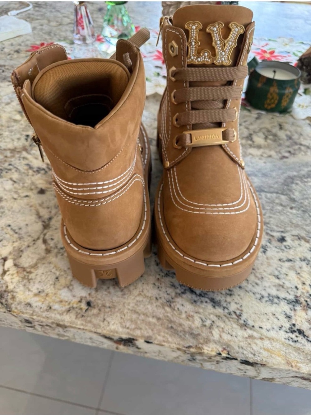 Louis Vuitton Tan Lace-Up Pearl-Trim Combat Boots - Picture 3 of 10